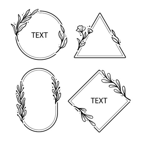 Set of geometric floral frame, border with leaves, wreaths, flower elements. Hand drawn sketch pencil style. Perfect for invitation, greeting card, social media, blogのイラスト素材