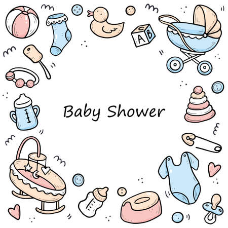Hand drawn frame of baby shower things, toy, rattle, milk bootle, clothes. Doodle sketch style. Baby element drawn by digital pen. Illustration for banner, background, frame design template.のイラスト素材