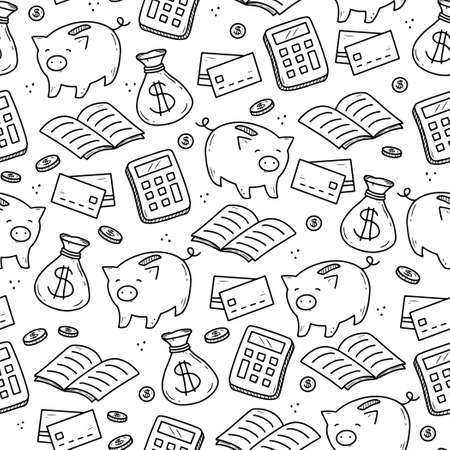 Hand drawn seamless pattern of business and finance elements, money, calculator, coin. Doodle sketch style. Business element drawn by digital pen. Vector illustration for wallpaper, background, textile design.のイラスト素材