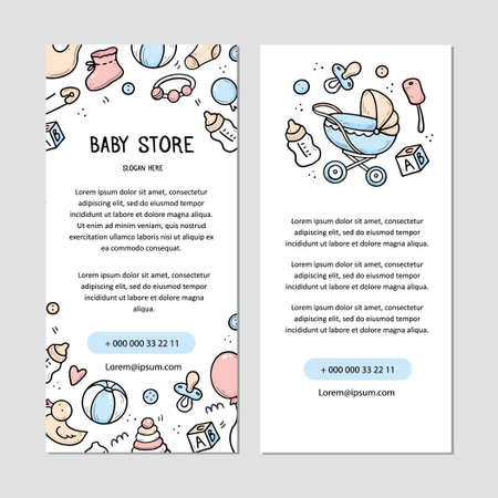 Baby store flyer template with baby thing doodle elements, things, toy, rattle, milk bootle, clothes. Doodle sketch style. Illustration for baby store, kids shop flyer card design template.のイラスト素材