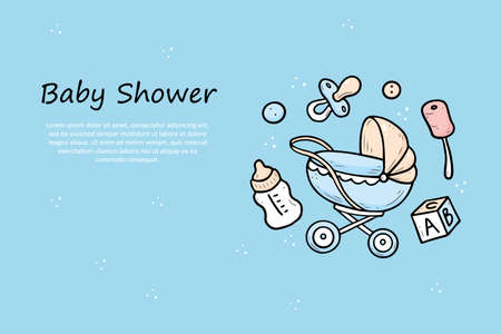 Hand drawn banner of baby shower things, toy, rattle, milk bootle, clothes. Doodle sketch style. Baby element drawn by digital pen. Illustration for banner, background design template.のイラスト素材