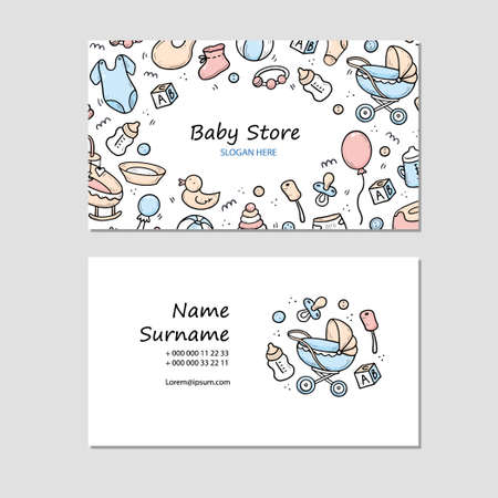 Hand drawn visit card with baby things, toy, rattle, milk bootle, clothes. Doodle sketch style. Illustration for baby store, kids shop business card design template.のイラスト素材
