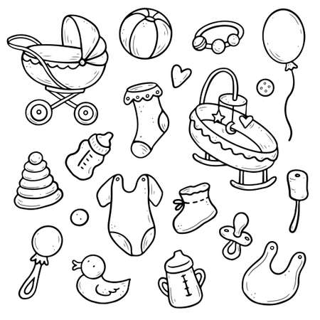 Hand drawn set of baby shower things, toy, rattle, milk bootle, clothes. Comic doodle sketch style. Baby element drawn by digital brush-pen. Cute illustration for icon, background, frame design.のイラスト素材