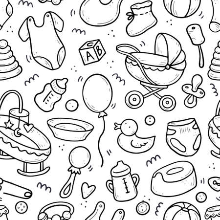 Hand drawn seamless pattern of baby shower elements, toy, ball, milk bottle, sock. Doodle sketch style. Baby element drawn by digital pen. Vector illustration for wallpaper, background, textile designのイラスト素材