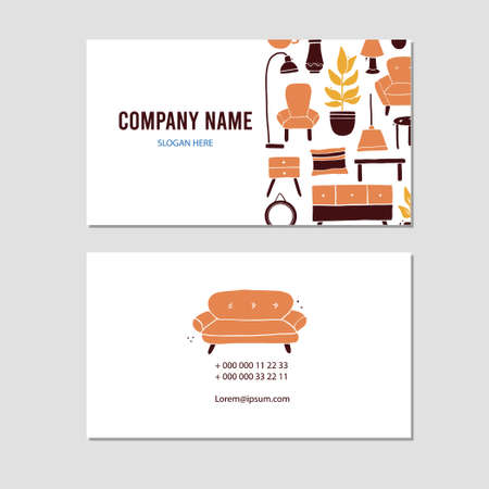 Visit card with living room furniture, sofa, house plant, floor lamp, shelf. Doodle sketch style. Illustration for furniture store, interior design business card design template.のイラスト素材
