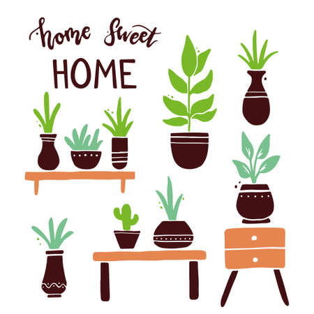 Hand drawn set of cute home plant with pot. Simple trendy flat style. Collection for interior garden decoration design.のイラスト素材