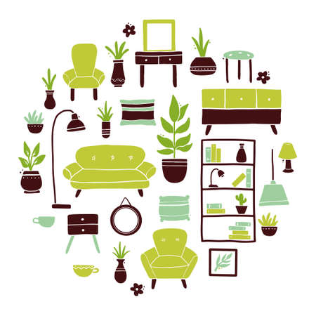 Set of living room furniture collection, sofa, chair, house plant, lamp, shelf, carpet. Simple trendy flat style. Illustration for interior design elements collection, apartment icon.のイラスト素材