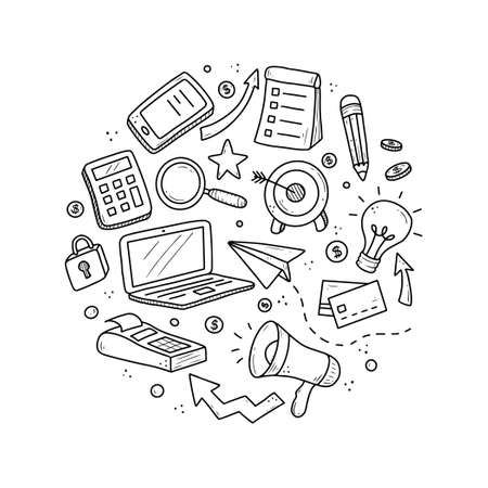 Hand drawn set of business and finance elements, coin, calculator, piggy, money. Comic doodle sketch style. Business element drawn by digital brush-pen. Vector illustration for icon, background, logoのイラスト素材