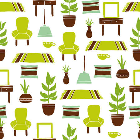 Seamless pattern of living room furniture elements, sofa, chair, shelf, houseplants. Simple trendy flat style. Concept of home interior design. Illustration for wallpaper, background, textile designのイラスト素材