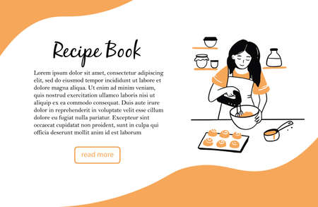 Banner template with hand drawn young woman cooking in the kitchen. Cartoon smiling character with apron. Doodle sketch style illustration. Concept of homemade food, prepare dinner, recipe book.のイラスト素材