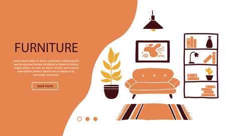 Banner template of living room furniture, sofa, house plant, floor lamp, shelf, carpet. Simple trendy flat style. Illustration for interior design, furniture store, web site, flyer, brochure.のイラスト素材