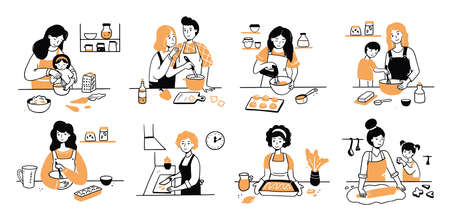 Hand drawn set of cooking people character. Smiling young woman, mom with child, couple cook together. Doodle sketch style illustration. Concept of home prepare dish, dinner on the kitchen.のイラスト素材