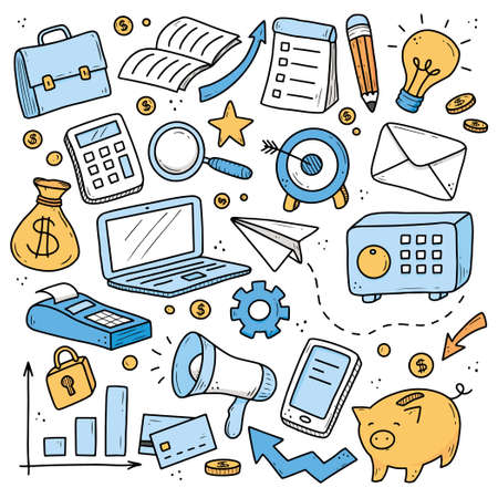 Hand drawn set of business and finance elements, coin, calculator, piggy, money. Comic doodle sketch style. Business element drawn by digital brush-pen. Vector illustration for icon, background, logoのイラスト素材