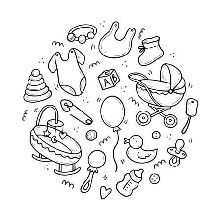 Hand drawn set of baby shower things, toy, rattle, milk bootle, clothes. Comic doodle sketch style. Baby element drawn by digital brush-pen. Cute illustration for icon, background, frame design.のイラスト素材