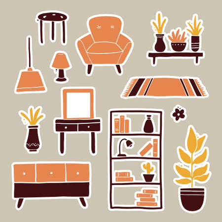 Hand drawn stickers set of living room furniture, sofa, chair, house plant, floor lamp, shelf, carpet. Simple trendy flat style. Illustration for interior apartment design.のイラスト素材