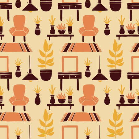 Seamless pattern of living room furniture elements, sofa, chair, shelf, houseplants. Simple trendy flat style. Concept of home interior design. Illustration for wallpaper, background, textile designのイラスト素材
