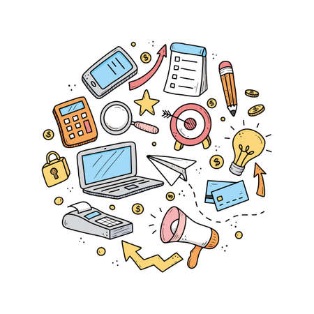 Hand drawn set of business and finance elements, coin, calculator, piggy, money. Comic doodle sketch style. Business element drawn by digital brush-pen. Vector illustration for icon, background, logoのイラスト素材