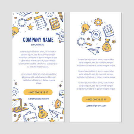 Hand drawn banner of business and finance elements, coin, calculator, piggy, money. Doodle sketch style. Business element drawn by digital pen. Illustration for banner, flyer, frame design template.のイラスト素材
