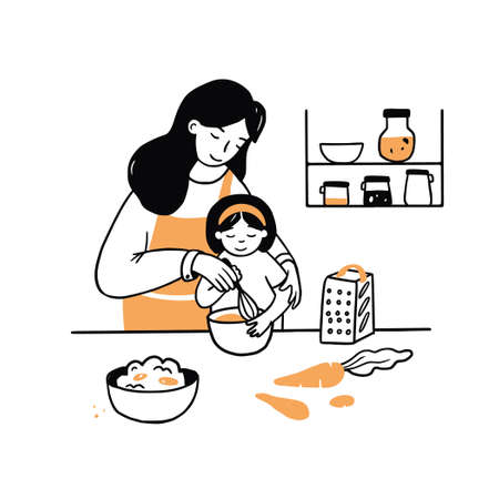 Hand drawn young woman and child cooking together. Cartoon character smiling and cute. Doodle sketch style illustration. Concept of mom and daughter, cooking with kids, family lifestyle.のイラスト素材