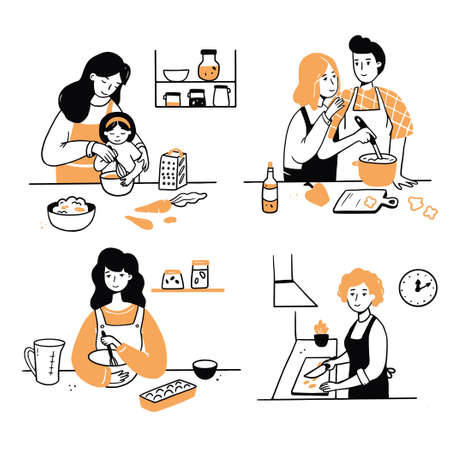 Hand drawn set of cooking people character. Smiling young woman, mom with child, couple cook together. Doodle sketch style illustration. Concept of home prepare dish, dinner on the kitchen.のイラスト素材