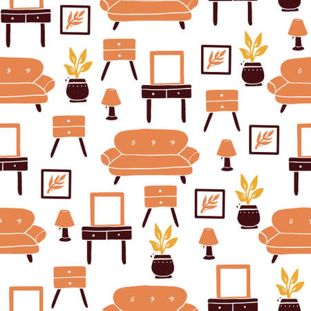 Seamless pattern of living room furniture elements, sofa, chair, shelf, houseplants. Simple trendy flat style. Concept of home interior design. Illustration for wallpaper, background, textile designのイラスト素材