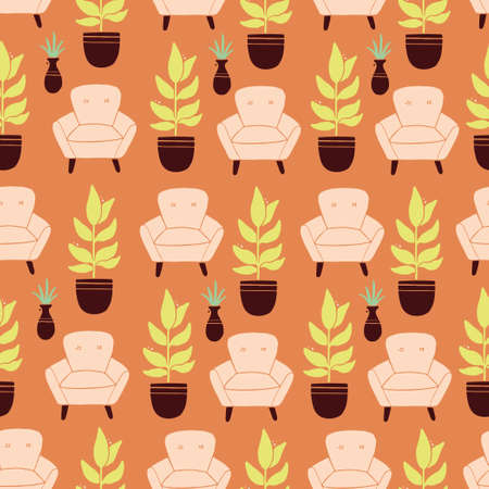 Seamless pattern of living room furniture elements, chair, houseplants. Simple trendy flat style. Concept of home interior design. Illustration for wallpaper, background, textile designのイラスト素材