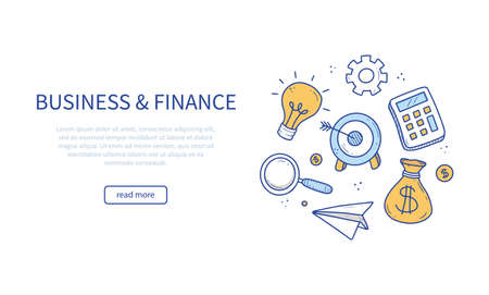 Hand drawn banner of business and finance elements, coin, calculator, piggy, money. Doodle sketch style. Business element drawn by digital pen. Illustration for banner, flyer, frame design template.のイラスト素材