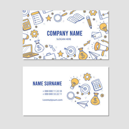 Hand drawn visit card of business and finance elements, coin, calculator, piggy. Doodle sketch style. Business element drawn by digital pen. Illustration for finance company business card templateのイラスト素材