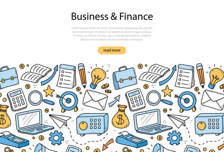 Hand drawn banner of business and finance elements, coin, calculator, piggy, money. Doodle sketch style. Business element drawn by digital pen. Illustration for banner, flyer, frame design template.のイラスト素材