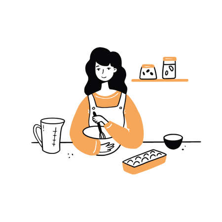 Hand drawn young woman cooking in the kitchen. Cartoon smiling character with apron. Doodle sketch style illustration. Concept of homemade food, prepare dinner.のイラスト素材