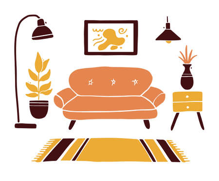 Illustration of living room with furniture, sofa, house plant, floor lamp, shelf, carpet. Simple trendy flat style. Concept for interior apartment design.のイラスト素材