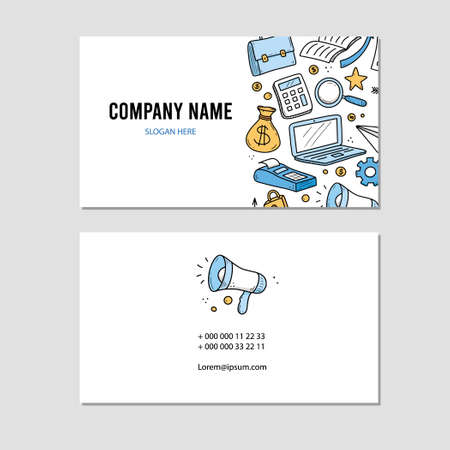 Hand drawn visit card of business and finance elements, coin, calculator, piggy. Doodle sketch style. Business element drawn by digital pen. Illustration for finance company business card templateのイラスト素材