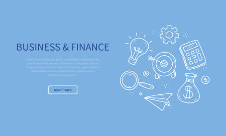 Hand drawn banner of business and finance elements, coin, calculator, piggy, money. Doodle sketch style. Business element drawn by digital pen. Illustration for banner, flyer, frame design template.のイラスト素材