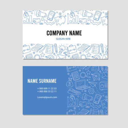 Hand drawn visit card of business and finance elements, coin, calculator, piggy. Doodle sketch style. Business element drawn by digital pen. Illustration for finance company business card templateのイラスト素材
