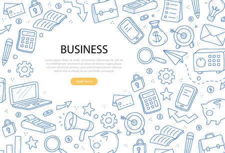 Hand drawn banner of business and finance elements, coin, calculator, piggy, money. Doodle sketch style. Business element drawn by digital pen. Illustration for banner, flyer, frame design template.のイラスト素材