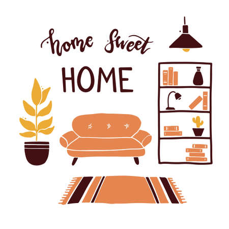 Lettering quote Home Sweet Home and living room with furniture, houseplants. Simple trendy flat style. Concept for interior apartment design.のイラスト素材
