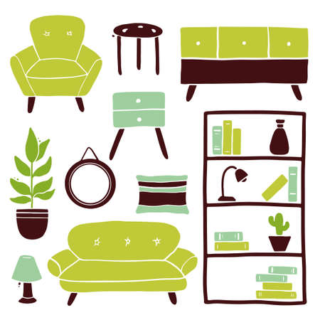 Set of living room furniture collection, sofa, chair, house plant, lamp, shelf, carpet. Simple trendy flat style. Illustration for interior design elements collection, apartment icon.のイラスト素材