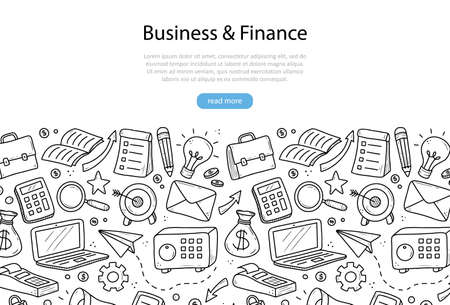 Hand drawn banner of business and finance elements, coin, calculator, piggy, money. Doodle sketch style. Business element drawn by digital pen. Illustration for banner, flyer, frame design template.のイラスト素材