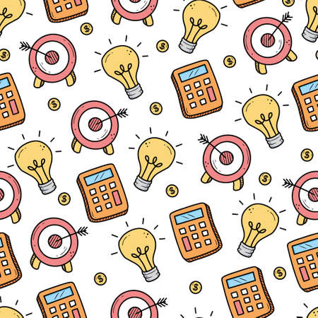 Hand drawn seamless pattern of business and finance elements, money, calculator, coin. Doodle sketch style. Business element drawn by digital pen. Vector illustration for wallpaper, background, textile design.のイラスト素材