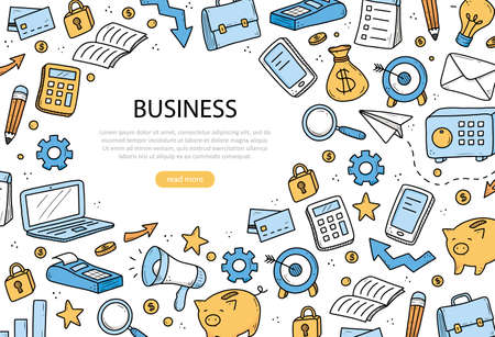 Hand drawn banner of business and finance elements, coin, calculator, piggy, money. Doodle sketch style. Business element drawn by digital pen. Illustration for banner, flyer, frame design template.のイラスト素材