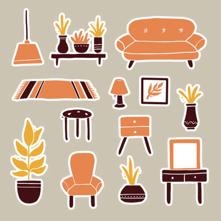 Hand drawn stickers set of living room furniture, sofa, chair, house plant, floor lamp, shelf, carpet. Simple trendy flat style. Illustration for interior apartment design.のイラスト素材