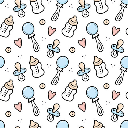 Hand drawn seamless pattern of baby shower elements, buttonl, milk bottle, nipple. Doodle sketch style. Baby element drawn by digital pen. Vector illustration for wallpaper, background, textile designのイラスト素材