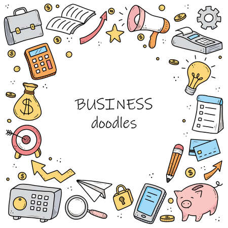 Hand drawn banner of business and finance elements, coin, calculator, piggy, money. Doodle sketch style. Business element drawn by digital pen. Illustration for banner, flyer, frame design template.のイラスト素材
