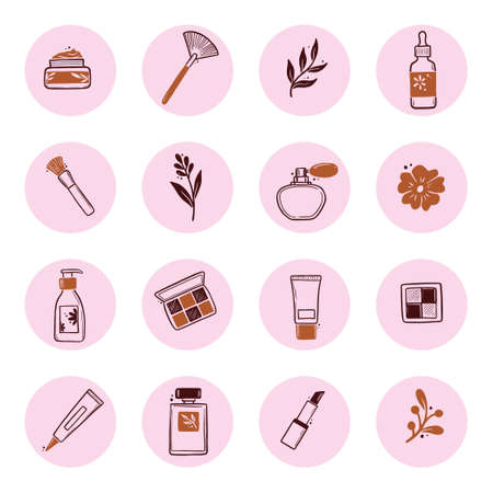 Hand drawn set of beauty makeup insta story highlight elements, mascara, cream bottle, nail product, brush. Doodle sketch style. Illustration for cosmetic icon, makeup highlights design.のイラスト素材