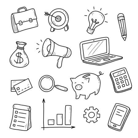 Hand drawn set of business and finance elements, coin, calculator, piggy, money. Comic doodle sketch style. Business element drawn by digital brush-pen. Vector illustration for icon, background, logoのイラスト素材