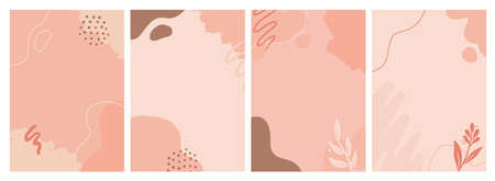 Set of social media,  post, story template with abstract, floral, plant shape. Sketch style illustration for beauty background, poster template. Pastel color in brown tones.のイラスト素材