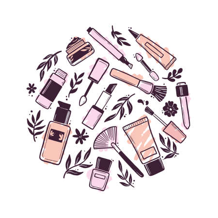 Hand drawn set of makeup beauty cosmetic elements, mascara, cream bottle, nail product, skin brush. Doodle sketch style. Illustration for makeup, beauty salon, cosmetic store icon, background design.のイラスト素材