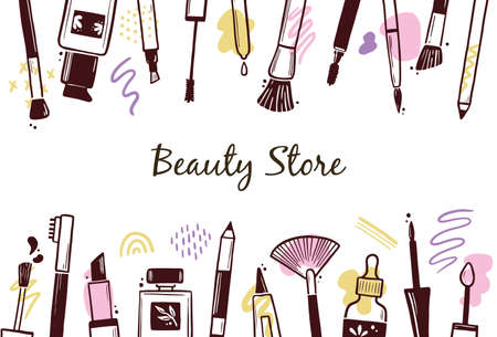 Hand drawn template with makeup beauty cosmetic elements, mascara, cream bottle, skin brush. Doodle sketch style. Illustration for makeup, beauty salon, cosmetic store banner, frame, poster design.のイラスト素材