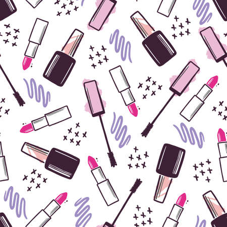 Hand drawn seamless pattern of makeup beauty cosmetic elements, mascara, cream bottle, nail product, brush. Doodle sketch style. Makeup element illustration for wallpaper, background, textile.のイラスト素材