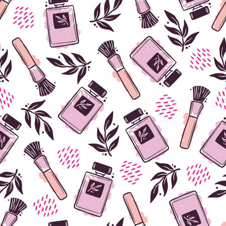Hand drawn seamless pattern of makeup beauty cosmetic, perfume bottle, makeup brush with abstract floral elements. Doodle sketch style. Cosmetic element illustration for wallpaper, background, textile.のイラスト素材
